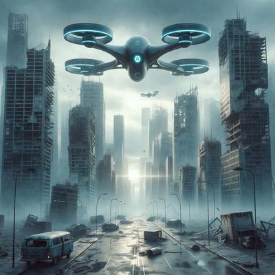 Primary subject: A futuristic city with a large drone flying over it.

Setting/background: The city is filled with tall buildings, and there is a street with a car driving on it.

Visual style: The image is a digital artwork, featuring a futuristic cityscape.

Colors and mood: The image has a dark and moody atmosphere, with the futuristic city and drone creating a sense of unease.